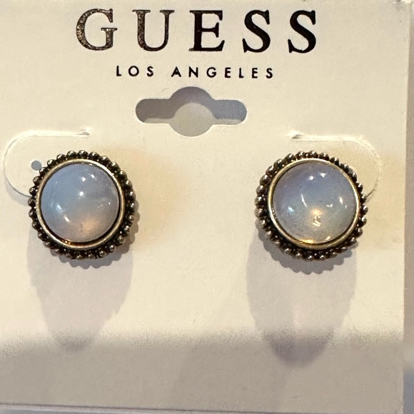 NWT GUESS Earrings - gold tone post back w/center round iridescent moonstone - Picture 4 of 8